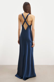 Crushed Satin Cross Back Gown - Navy