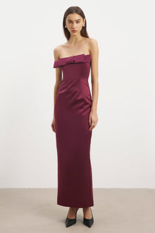 Satin Column Maxi Dress with Bow Detail - Mulberry