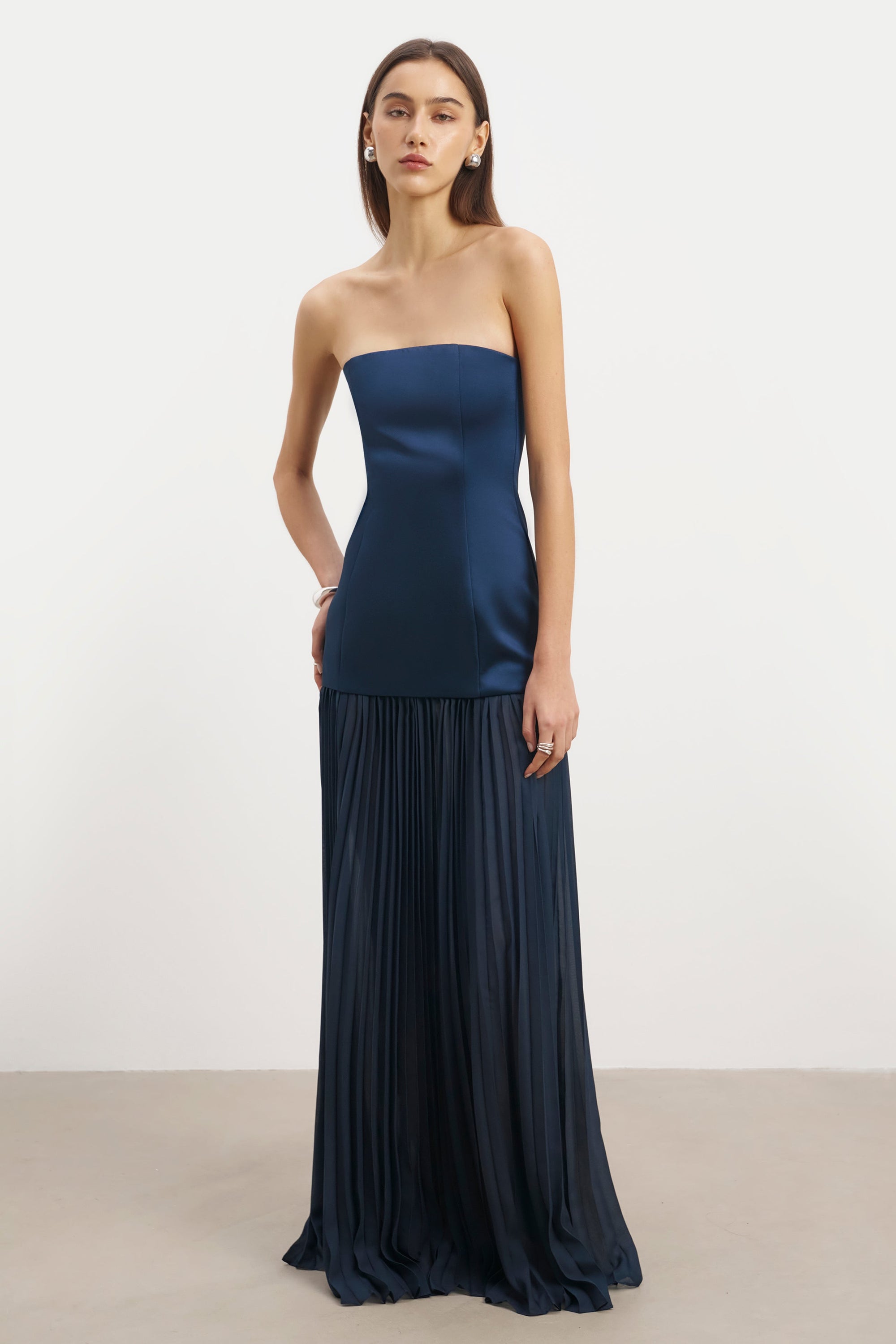 Satin Structured Bodice Gown - Navy