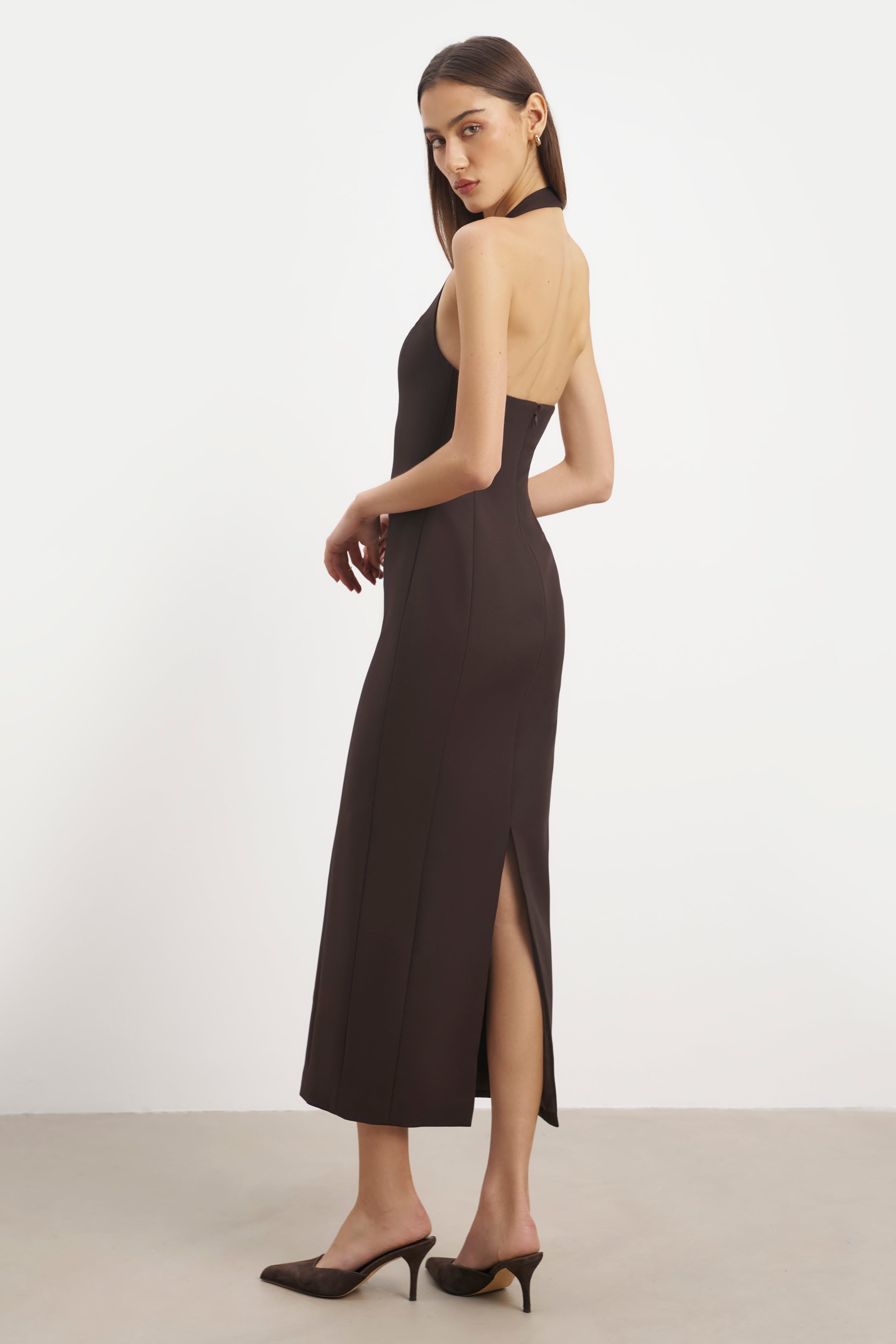 Tailored Halter Midi Dress - Carob
