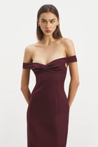 Tailored Ruched Bardot Midi Dress - Mulberry