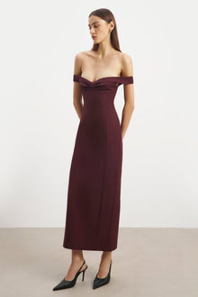 Tailored Ruched Bardot Midi Dress - Mulberry