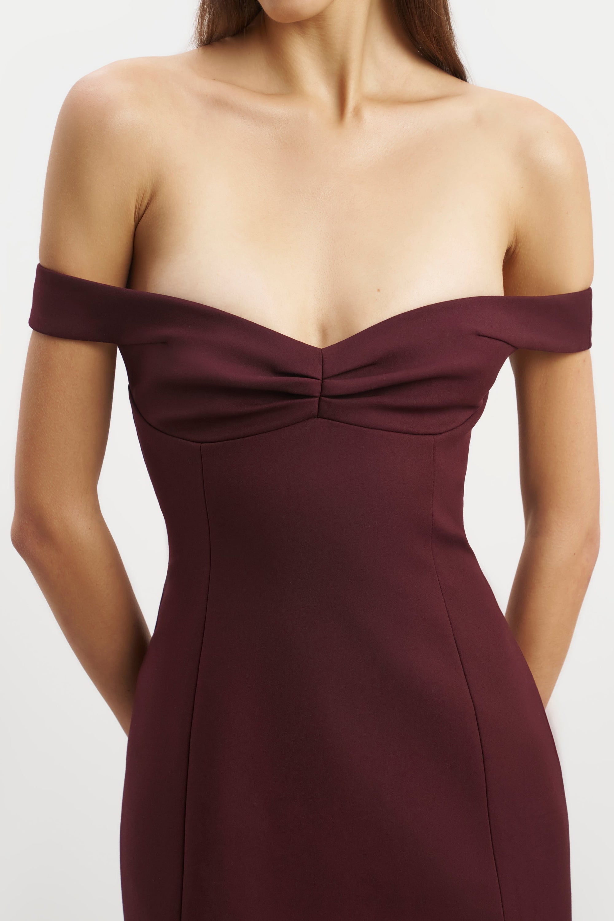Tailored Ruched Bardot Midi Dress - Mulberry