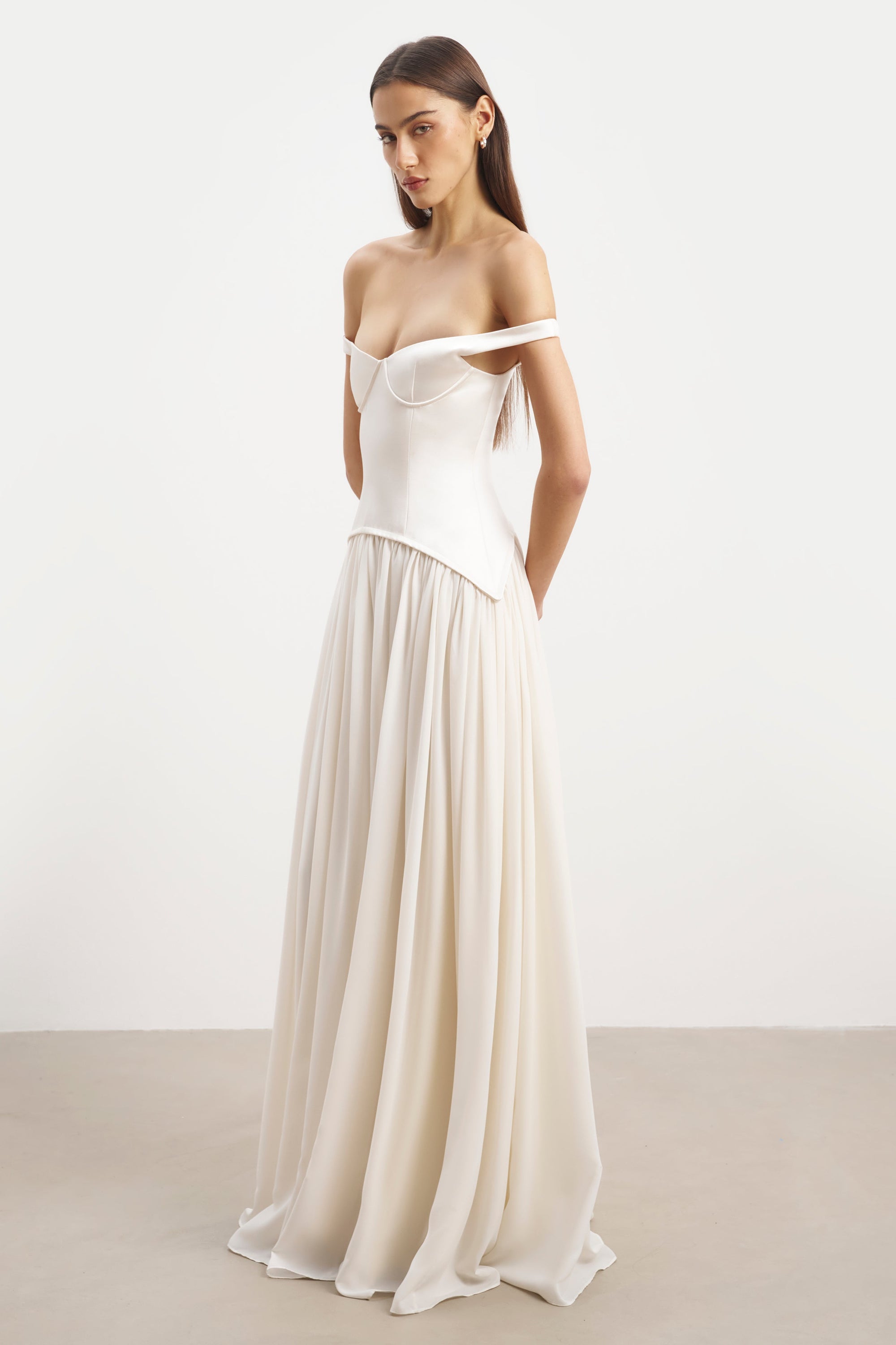 Satin Corset Off Shoulder Gown - Cream
