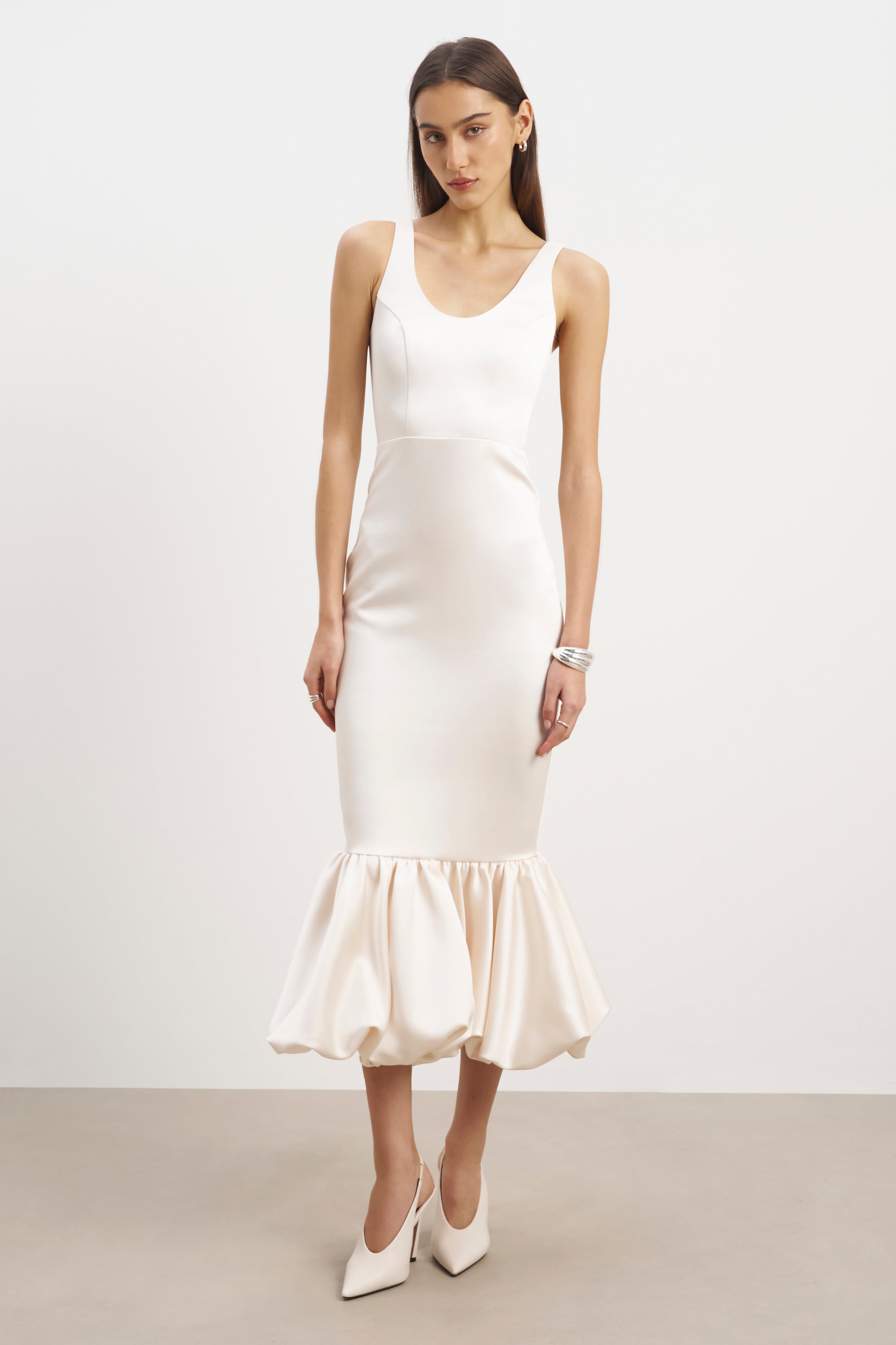 Satin Bubble Hem Midi Dress - Cream