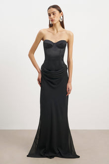 Satin Corset Gown with Draped Hip - Black