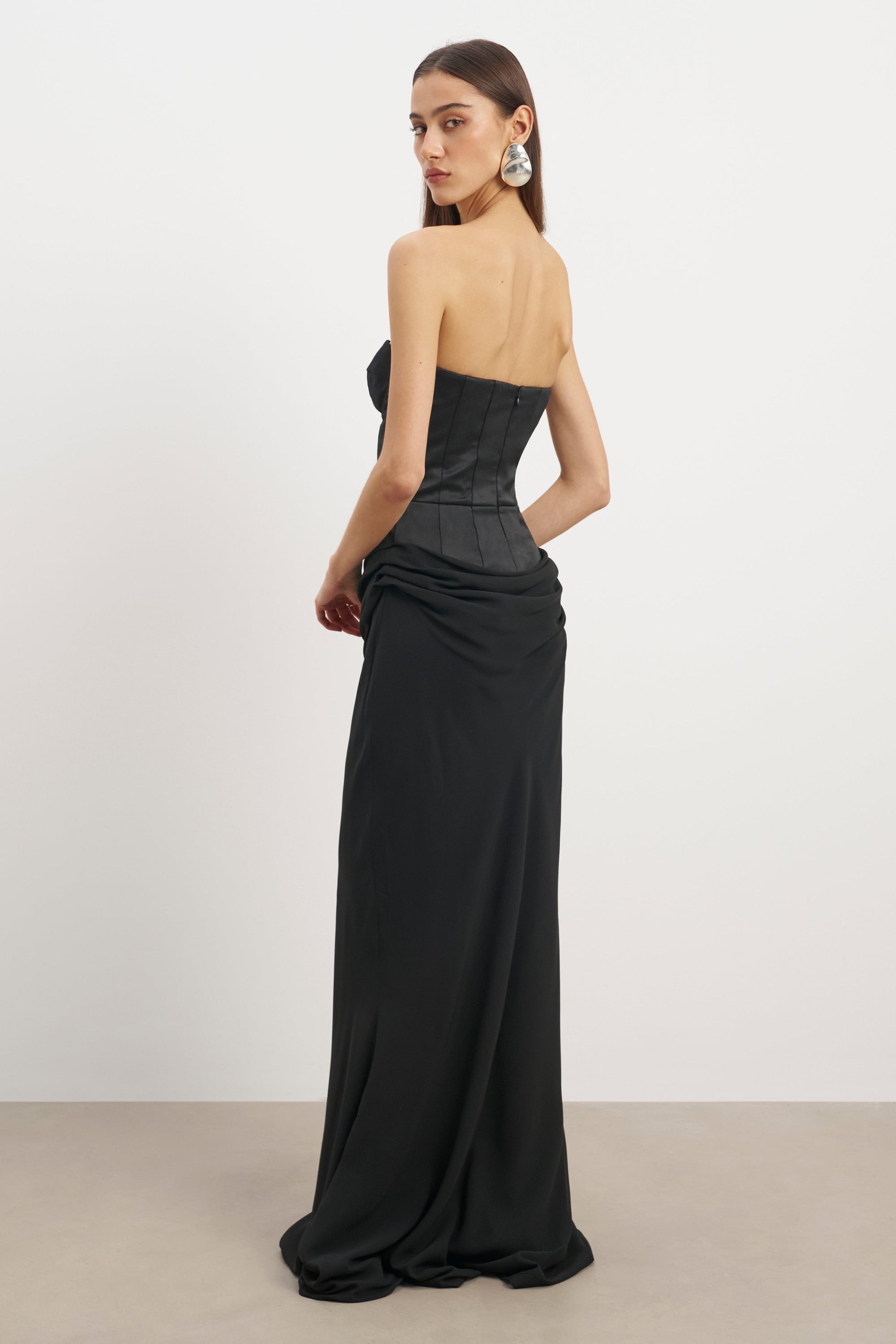 Satin Corset Gown with Draped Hip - Black