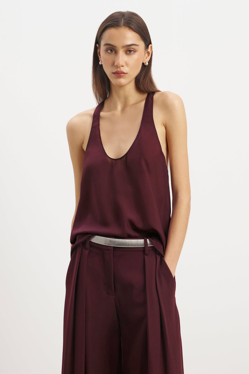 Sheer Plunge U Neck Tank Top - Mulberry