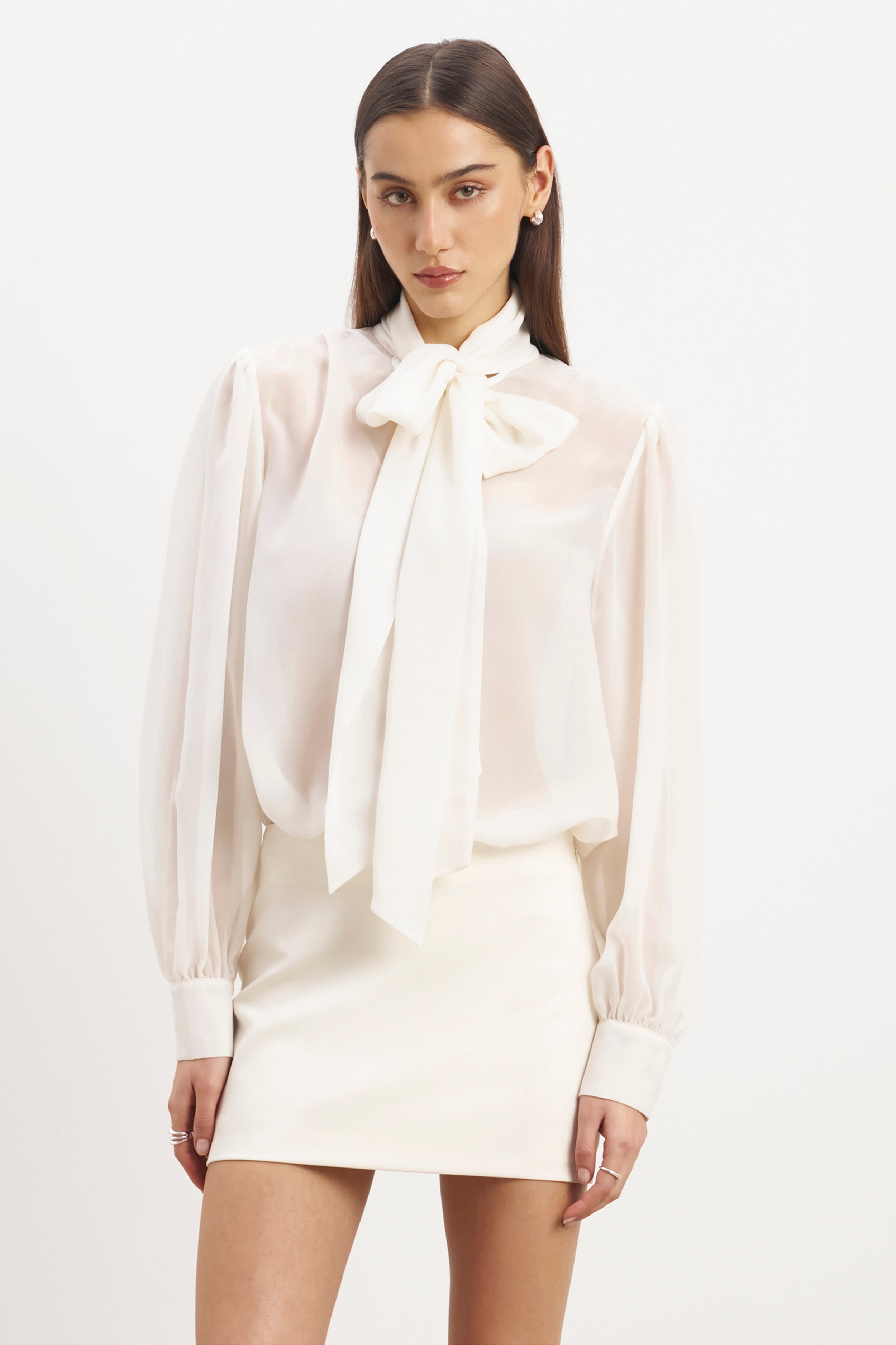 Sheer Chiffon Tie Neck Blouse - Cream