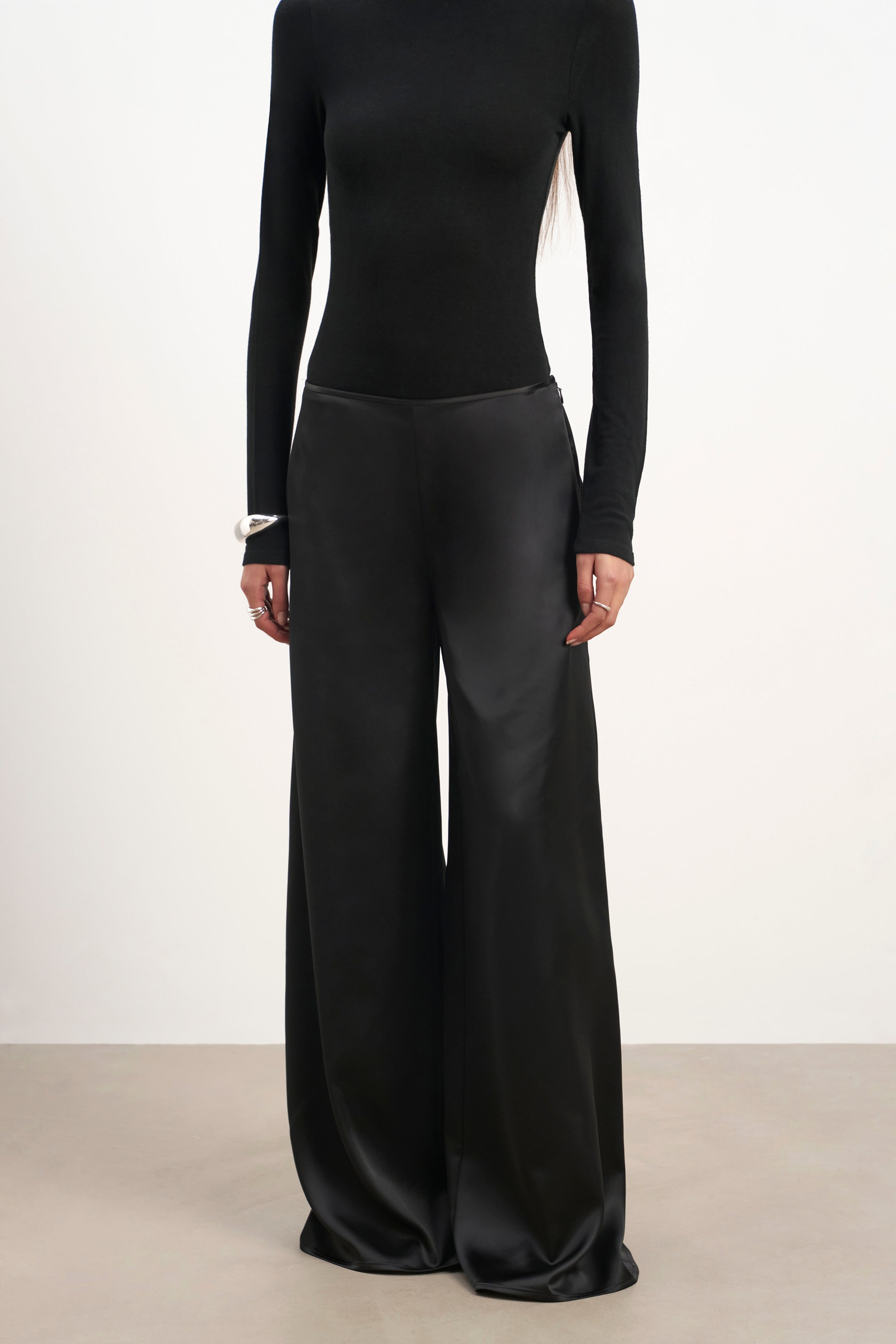Formal Satin Ultra Wide Leg Trousers - Black
