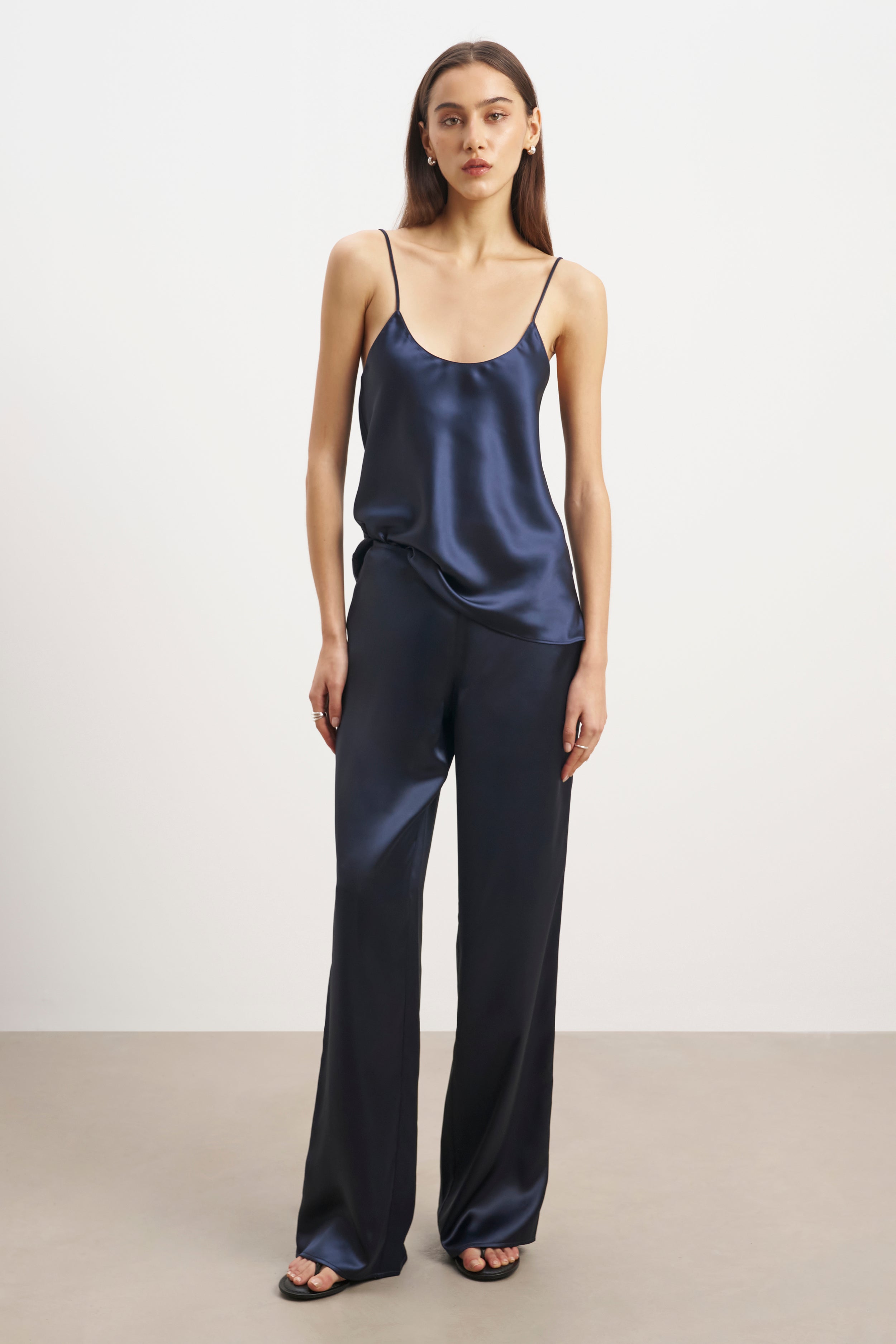 Formal Satin Straight Leg Trousers - Navy