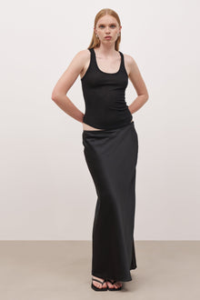 Satin Mid Rise Maxi Skirt - Black