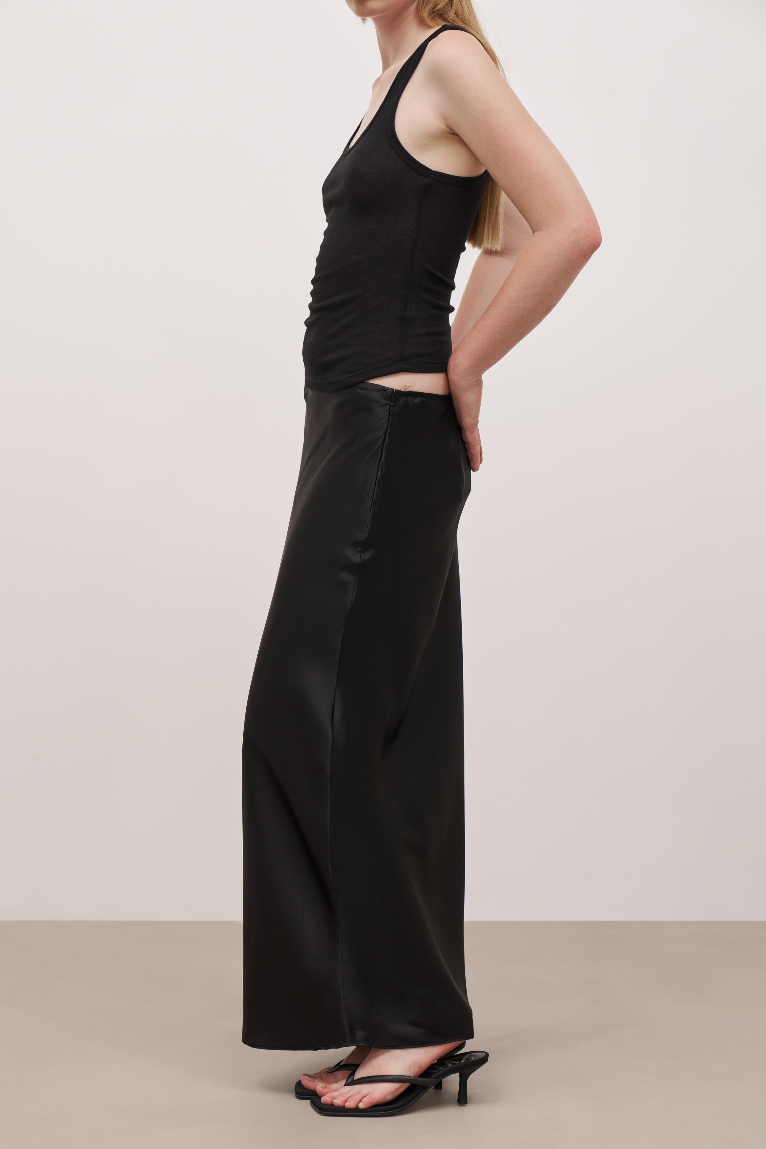 Satin Mid Rise Maxi Skirt - Black