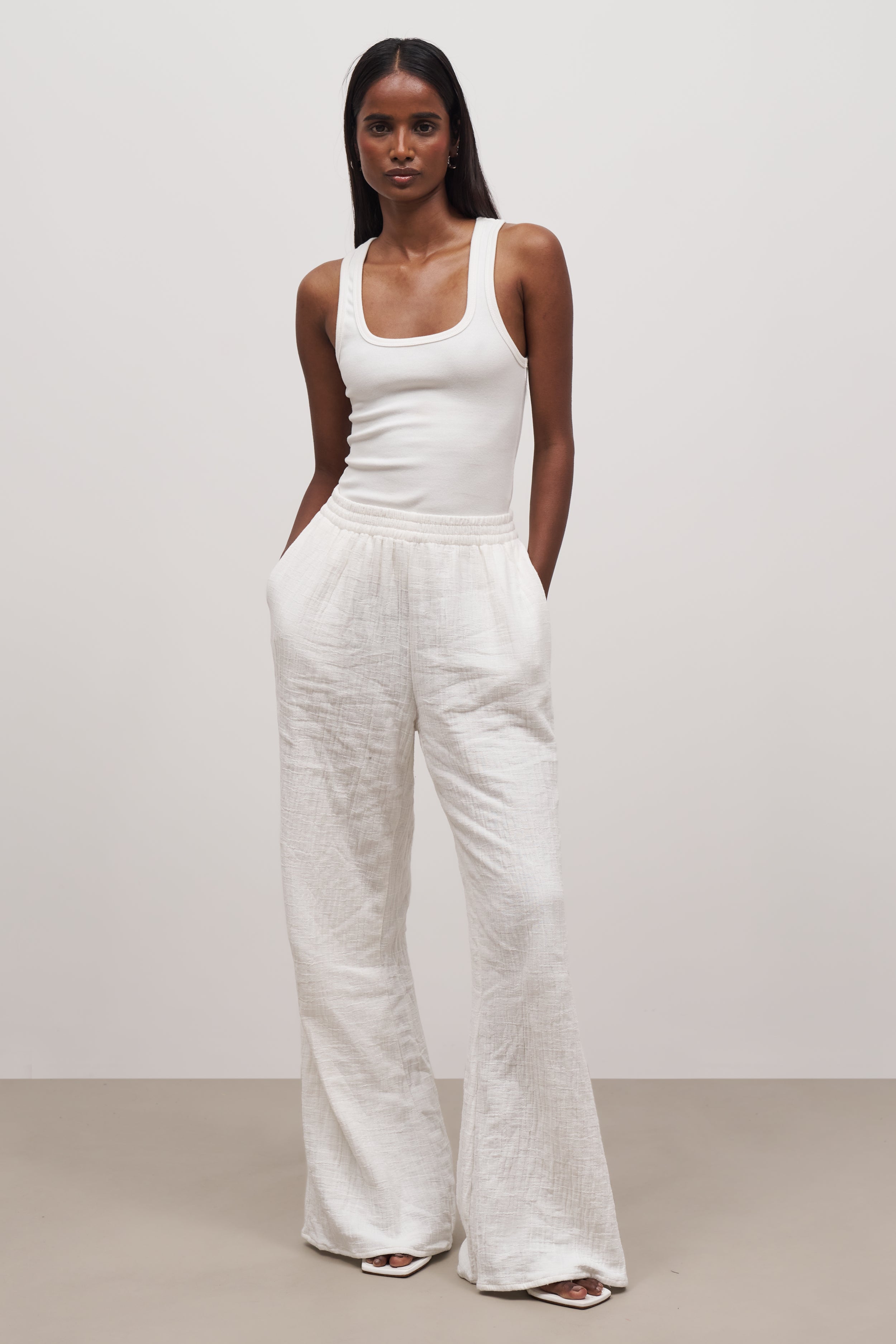 Cotton Crinkle Wide Leg Trousers - Ivory