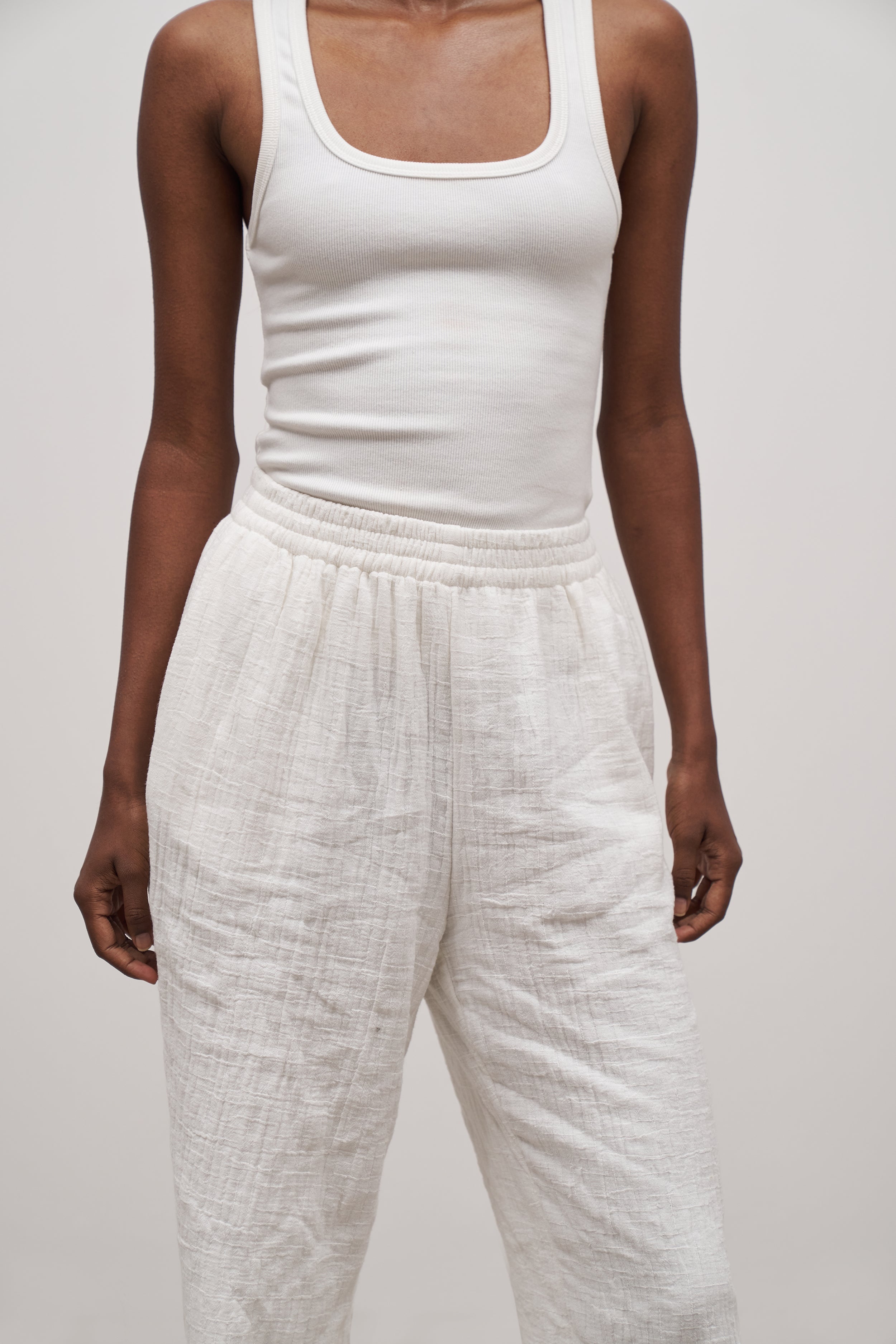 Cotton Crinkle Wide Leg Trousers - Ivory