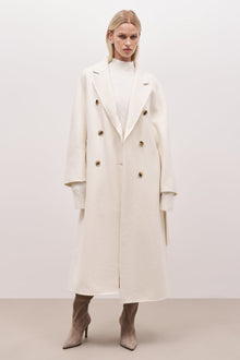 Double Faced Wool Coat With Belt - Cream