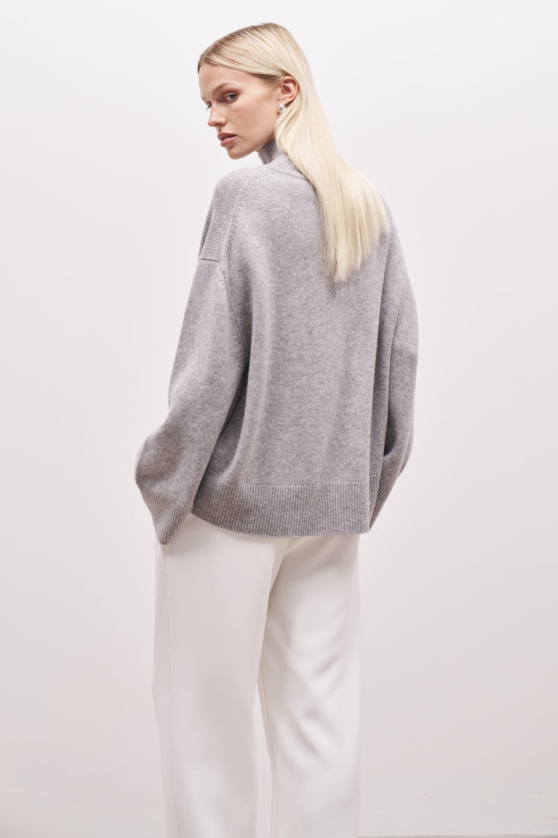 Relaxed High Neck Cashmere Blend Jumper - Grey Marl