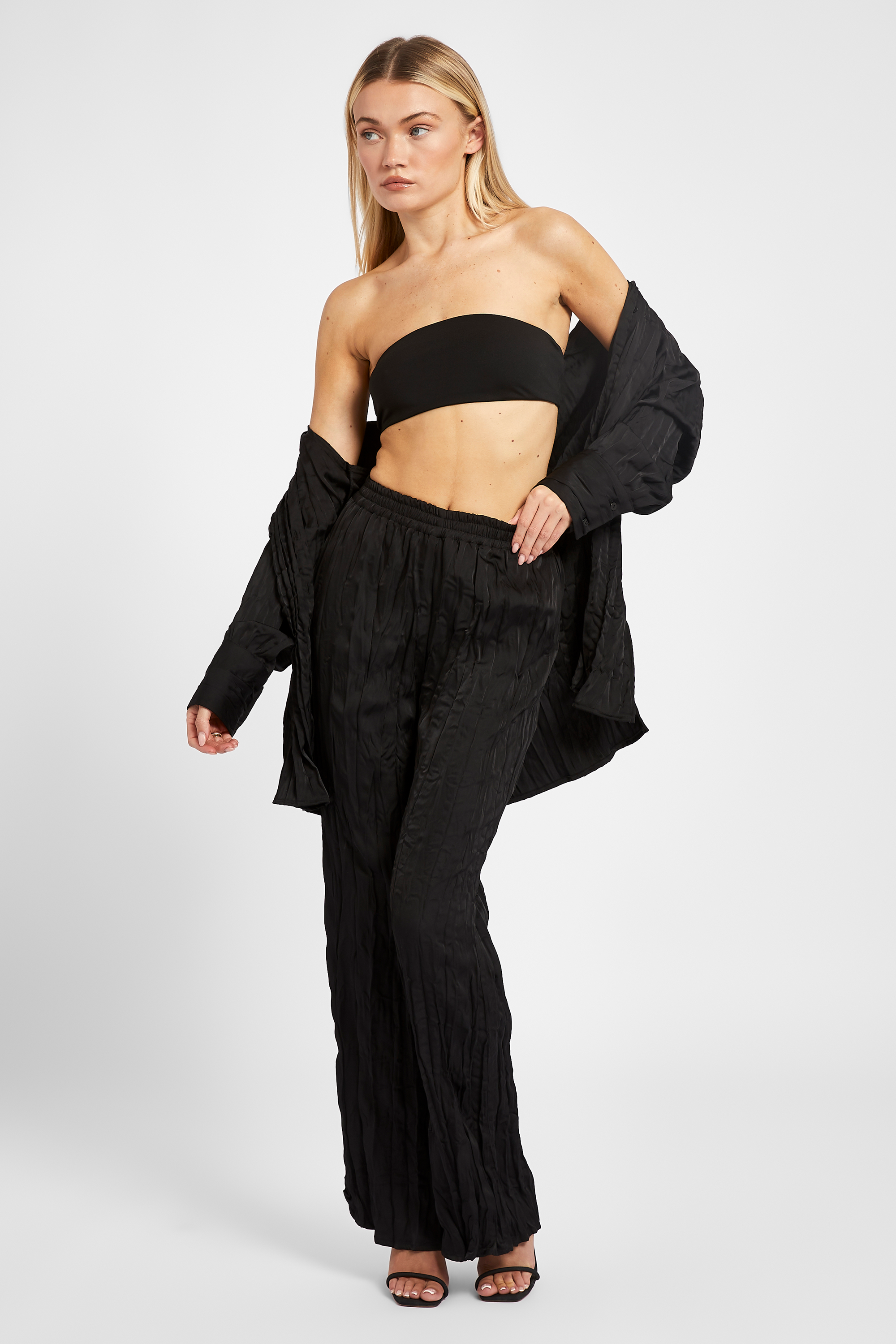 Satin Crinkle Wide Leg Trousers - Black