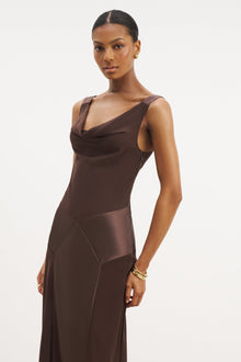 Cowl Neck Satin Panel Gown - Carob
