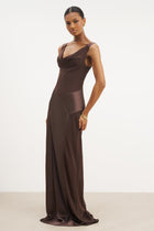 Cowl Neck Satin Panel Gown - Carob
