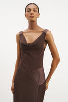 Cowl Neck Satin Panel Gown - Carob