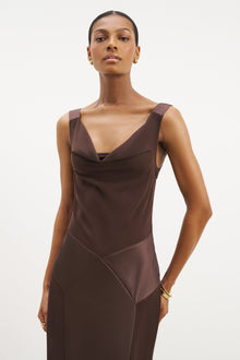 Cowl Neck Satin Panel Gown - Carob