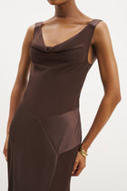 Cowl Neck Satin Panel Gown - Carob