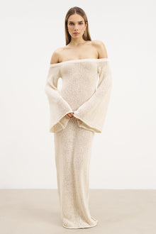 Crochet Knit Off Shoulder Maxi Dress - Cream