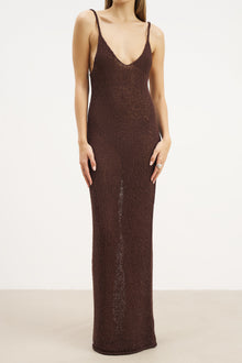 Crochet Knit Plunging Cami Maxi Dress - Carob