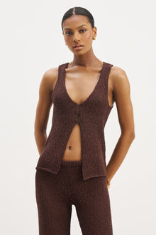 Crochet Knit V Neck Waistcoat - Carob