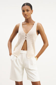Crochet Knit V Neck Waistcoat - Cream