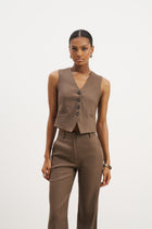 Straight Cut Linen Waistcoat - Truffle