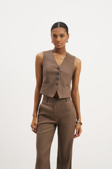 Straight Cut Linen Waistcoat - Truffle
