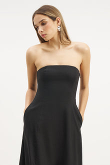 Strapless Linen A Line Maxi Dress - Black