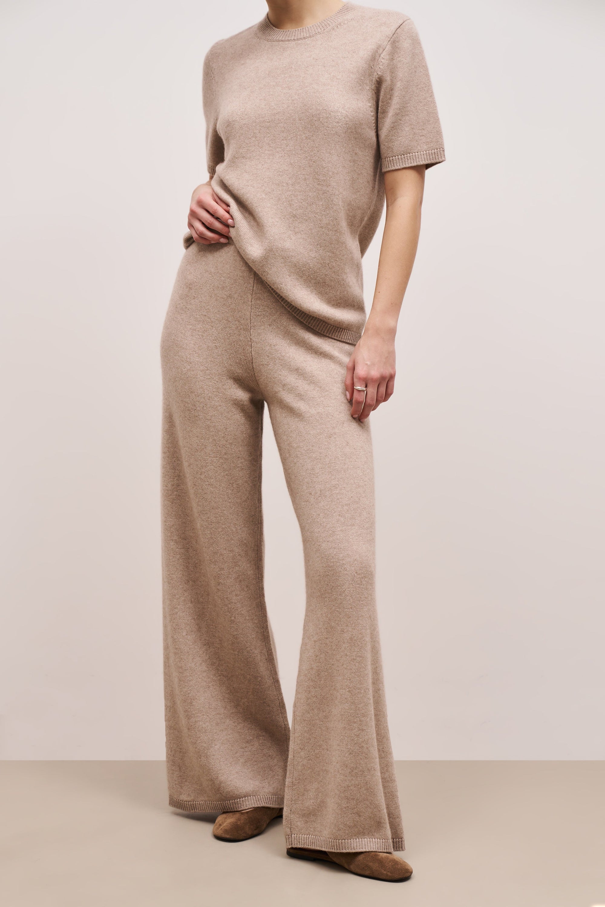 Cashmere Blend Wide Leg Trousers - Stone