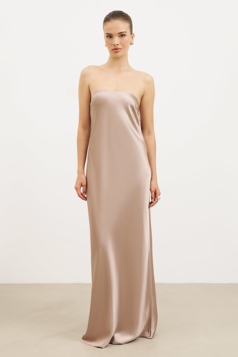 Satin Cowl Back Maxi Dress - Taupe