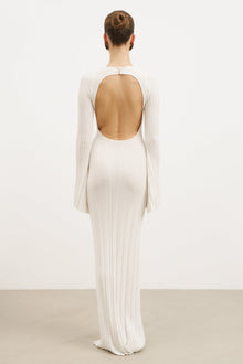 Fine Knit Longsleeve Open Back Maxi Dress - White Shimmer