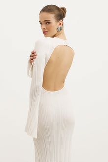 Fine Knit Longsleeve Open Back Maxi Dress - White Shimmer