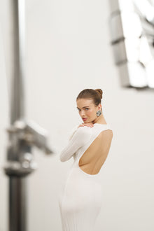 Fine Knit Longsleeve Open Back Maxi Dress - White Shimmer