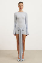 Fine Knit Gathered Longsleeve Mini Dress - Powder Blue Shimmer