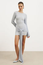 Fine Knit Gathered Longsleeve Mini Dress - Powder Blue Shimmer