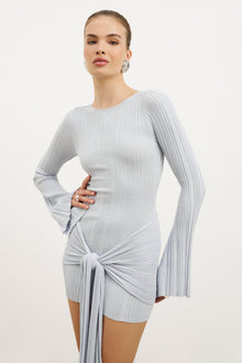Fine Knit Gathered Longsleeve Mini Dress - Powder Blue Shimmer