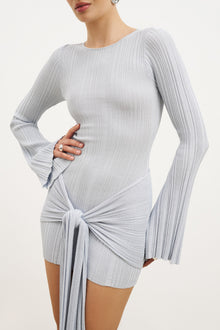 Fine Knit Gathered Longsleeve Mini Dress - Powder Blue Shimmer