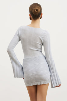 Fine Knit Gathered Longsleeve Mini Dress - Powder Blue Shimmer