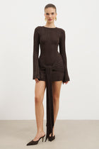 Fine Knit Gathered Longsleeve Mini Dress - Carob Shimmer