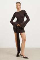 Fine Knit Gathered Longsleeve Mini Dress - Carob Shimmer