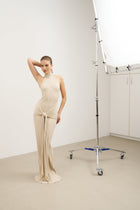 Fine Knit Gathered Halter Neck Maxi Dress - Champagne Shimmer