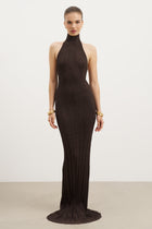 Fine Knit Gathered Halter Neck Maxi Dress - Carob Shimmer