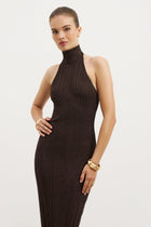 Fine Knit Gathered Halter Neck Maxi Dress - Carob Shimmer