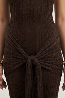 Fine Knit Gathered Halter Neck Maxi Dress - Carob Shimmer